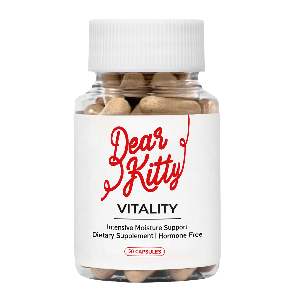 Supplement bottle labeled 'Dear Kitty Vitality'